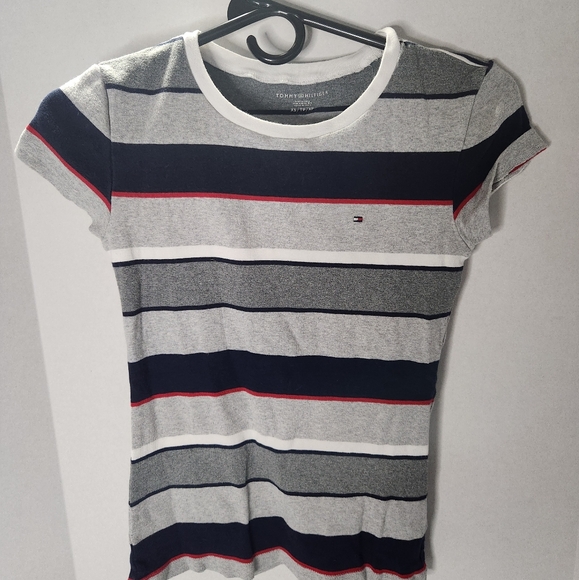 Tommy Hilfiger Navy and Gray Striped Tee - Picture 1 of 3